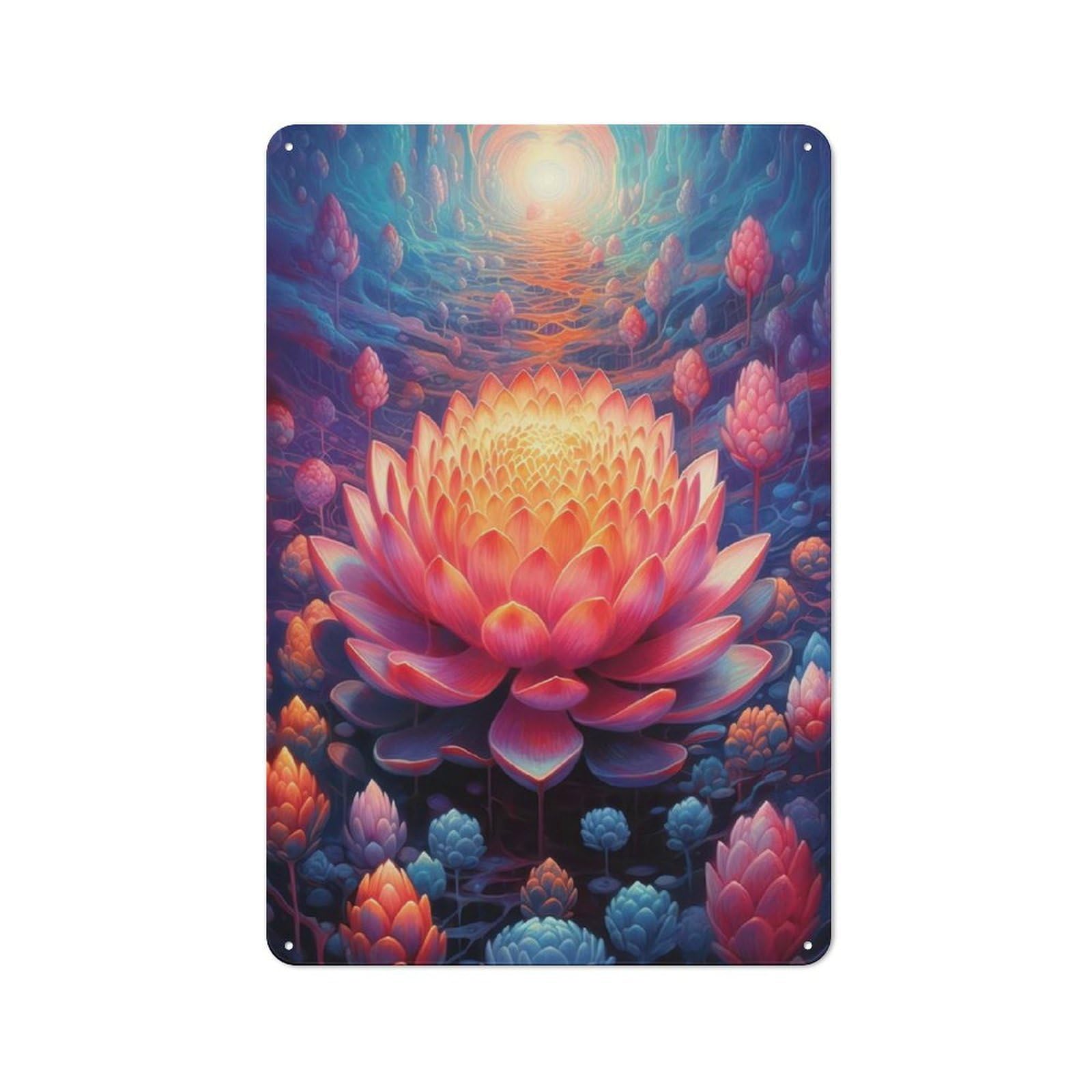 Junmoney Surreal Lotus Flower Tin Wall Plaque 30X20cm, Rustic Farmhouse Wall Decor For Dining Room, Cafe, Entryway Or Family Room