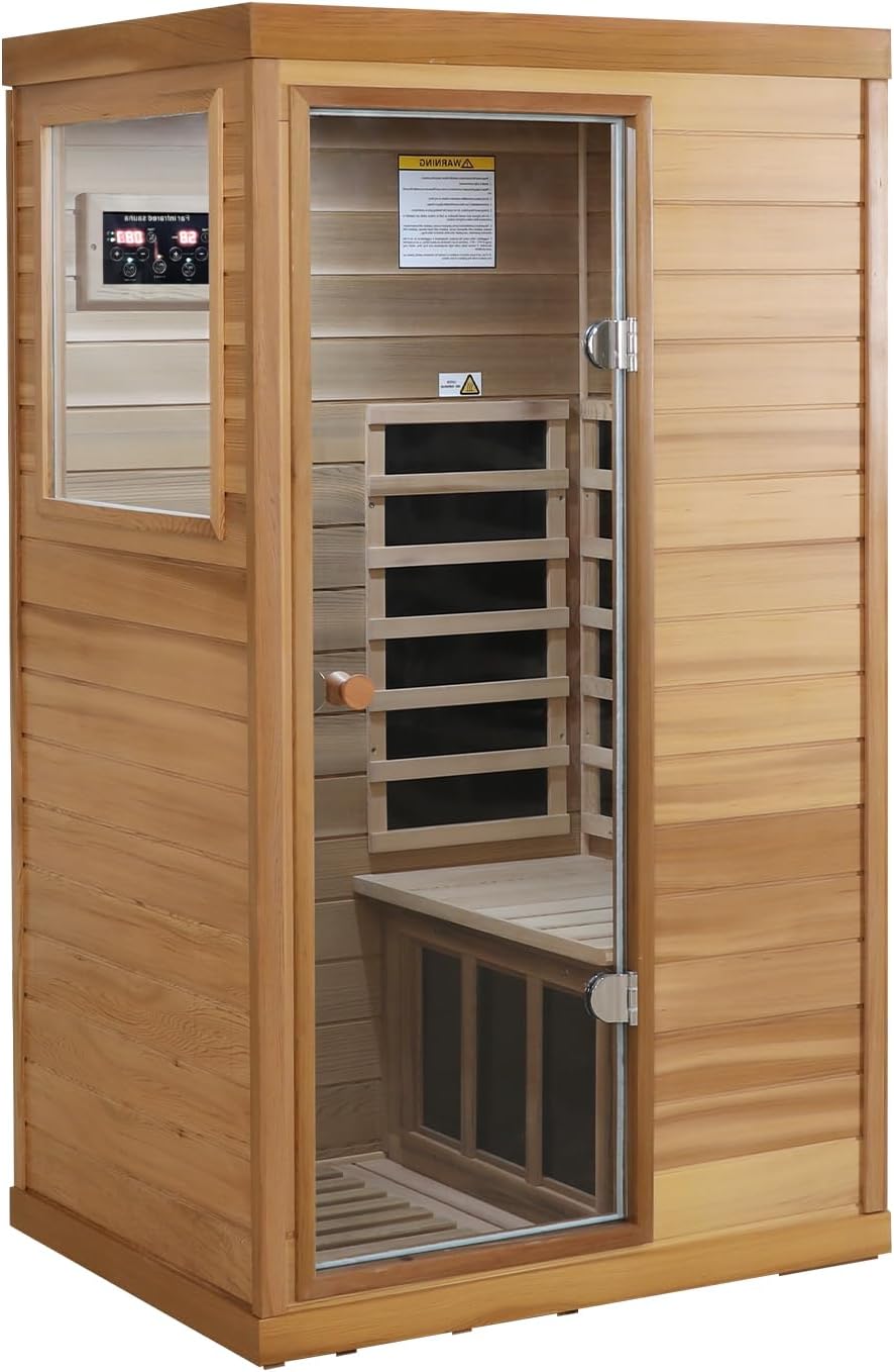 LTCCDSS Infrared Sauna, Red Cedar Far Infrared Sauna with 1050W, 1 Person Wood Sauna with 6 Low EMF Heaters, 2 Bluetooth Speakers, LED Lamp Left Door