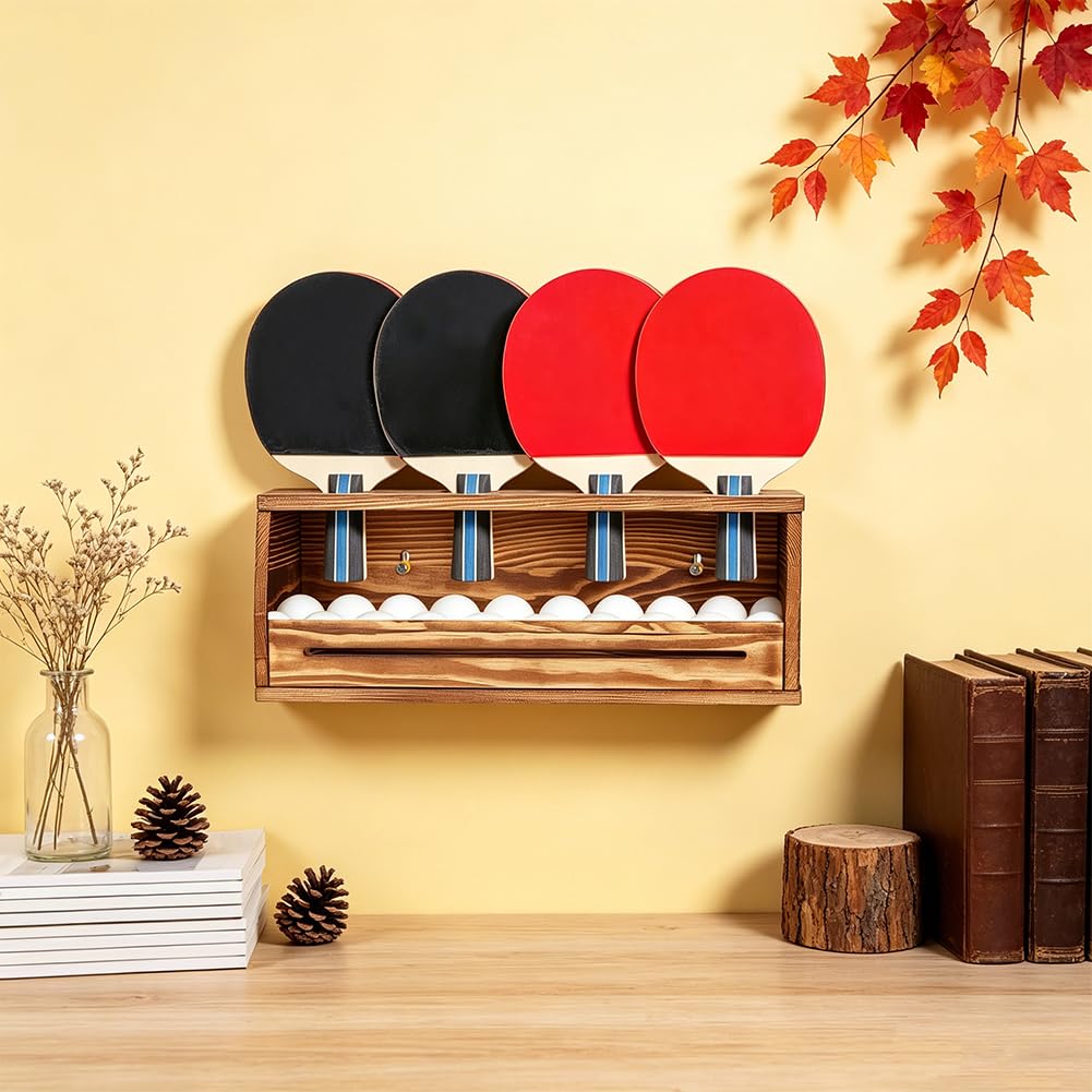 PH PandaHall Rastrelliera da ping pong da parete, organizer per racchette da ping pong, in legno, con ripiano per 4 racchette, ufficio, casa, bar