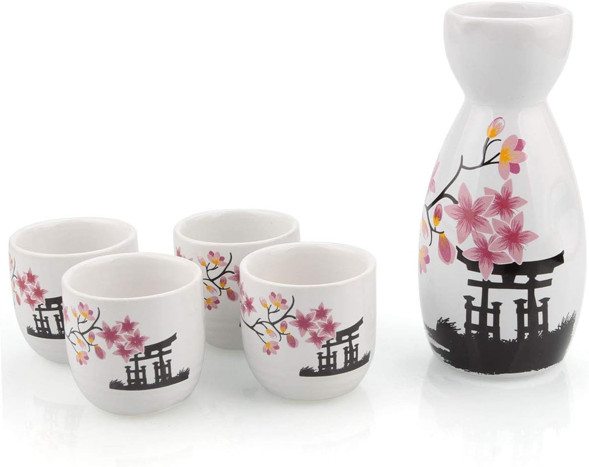 ABuff Japanese Sake Set, 1 Tokkuri Bottle & 4 Ochoko Cups, Spring Blossoms Ceramic Sake Set Microwave and Dishwasher Safe