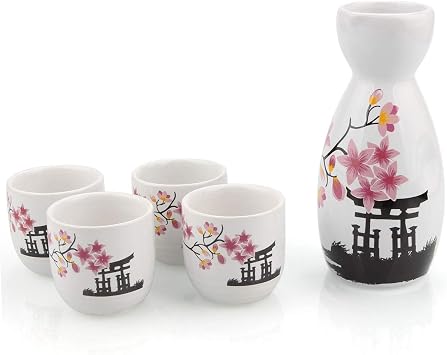 Abuff Japon Sake Seti, 1 Tokkuri  i e ve 4 Ochoko Fincan , Bahar  i ekleri Seramik Sake Seti - Mikrodalga ve Bula k Makinesinde Y kanabilir