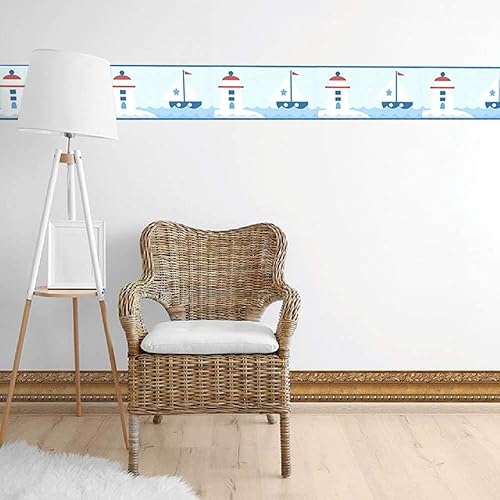 Miniatura 2 de Dundee Deco BD6236 - Borde de papel pintado prepegado, azul náutico, blanco, veleros rojos, borde de pared de faro, diseño retro, 15 pies x 6