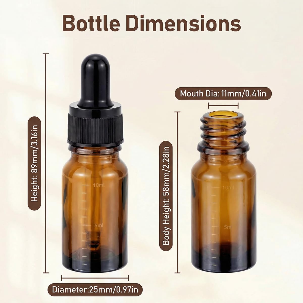 Lot de 3 flacons compte-gouttes vides rechargeables en verre ambré gradué pour huiles essentielles, cosmétiques, liquide, pot avec pipette compte-gouttes en verre (10 ml)