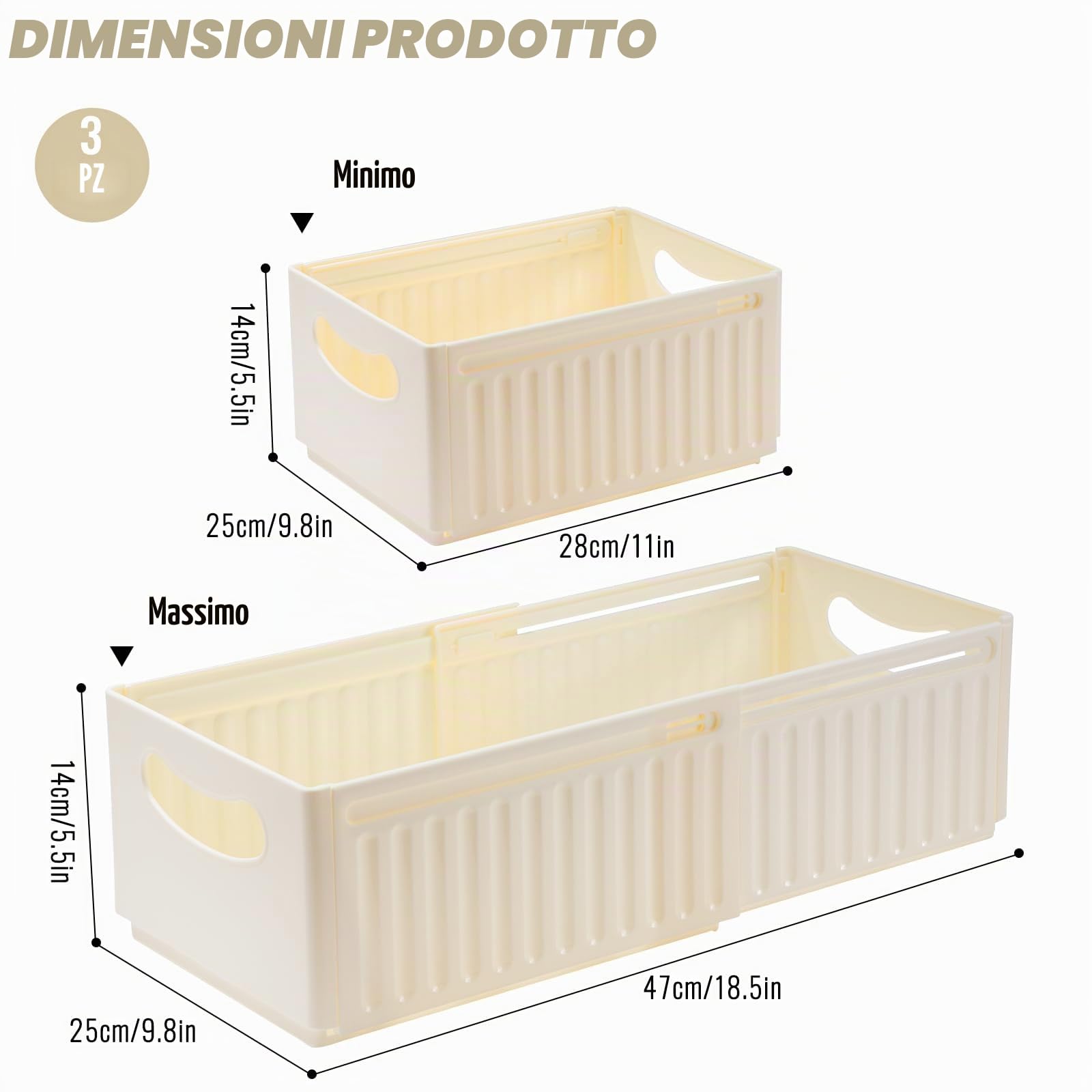 Scatole Organizer Cassetti Plastica Scatole Portaoggetti Decorative Con Manici Cubi Portaoggetti Pieghevoli Organizer per Frigorifero Bagno Cosmetici Armadio 3 Pezzi (47,5 x 28 x 25 cm)