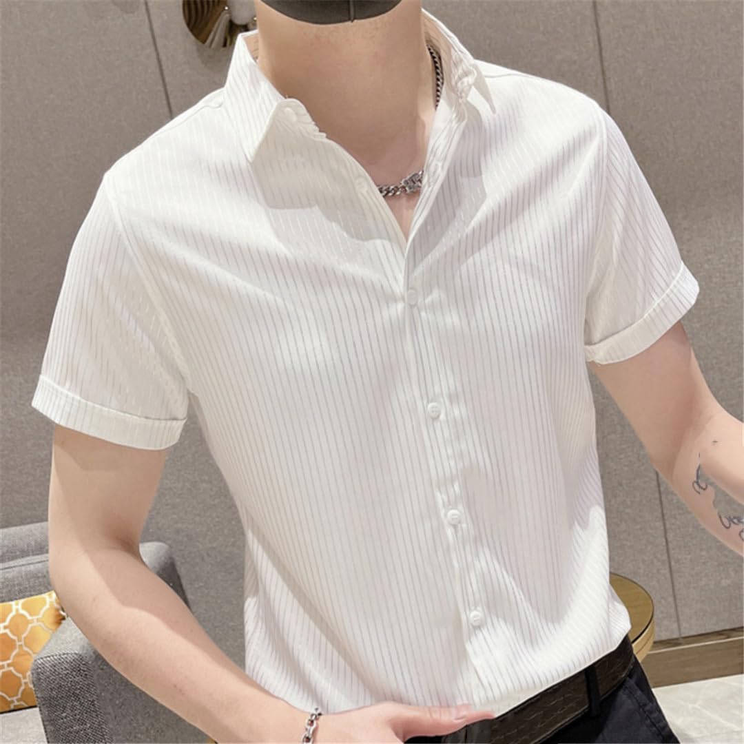 Yeuyyben Camicie A Righe A Contrasto per Uomo 2023 Camicia Slim A Maniche Corte Estiva Camicie Eleganti da Lavoro Camicetta da Smoking