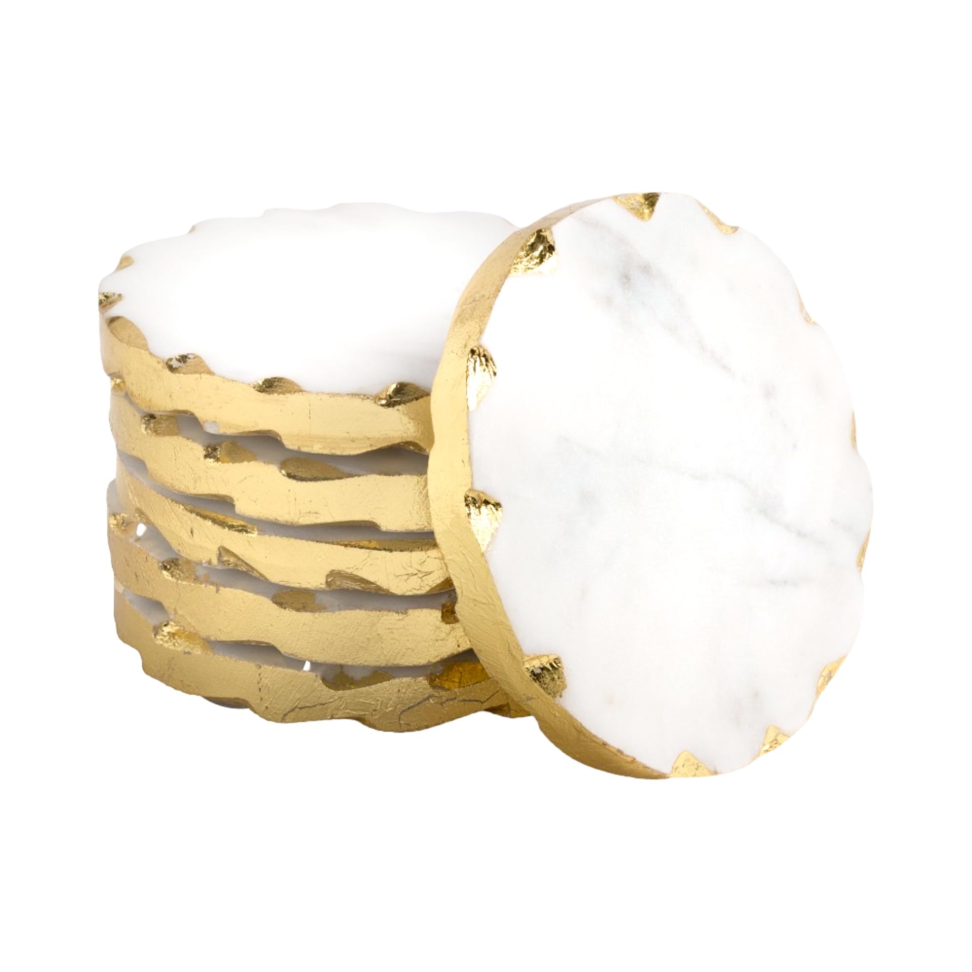 LAVAUX DESIGNS Set of 6 Real Marble Coasters with Golden Borders, decoratice White & Gold Coasters for Desk, Coffee Table | Thick & Heavy Aesthetic
