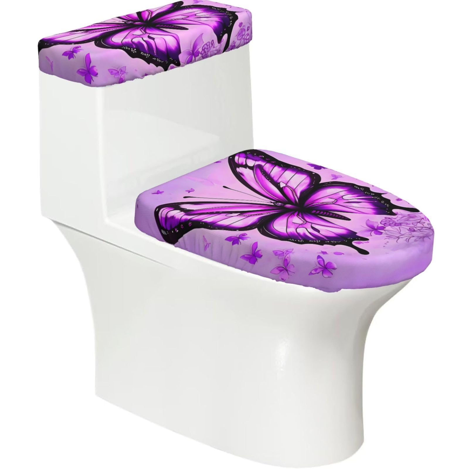 Purple Butterfly 2-Piece Toilet Seat Cover Set with Tank Lid - Elastic for U-Shape & Elongated - Bathroom Decor