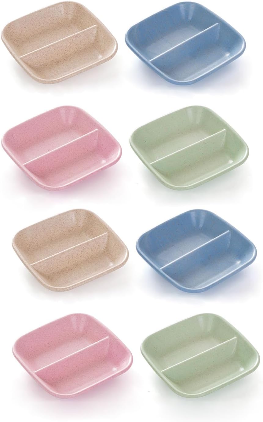 8 Pack Dipping Bowls Set 2 Grids Soy Sauce Dishes Pinch Bowls Dipping Bowls Dipping Sauce Bowl Small Serving Bowls for Side Dishes Sushi Mustard Tomato Sauce BBQ Seasoning Pepper Kitchup