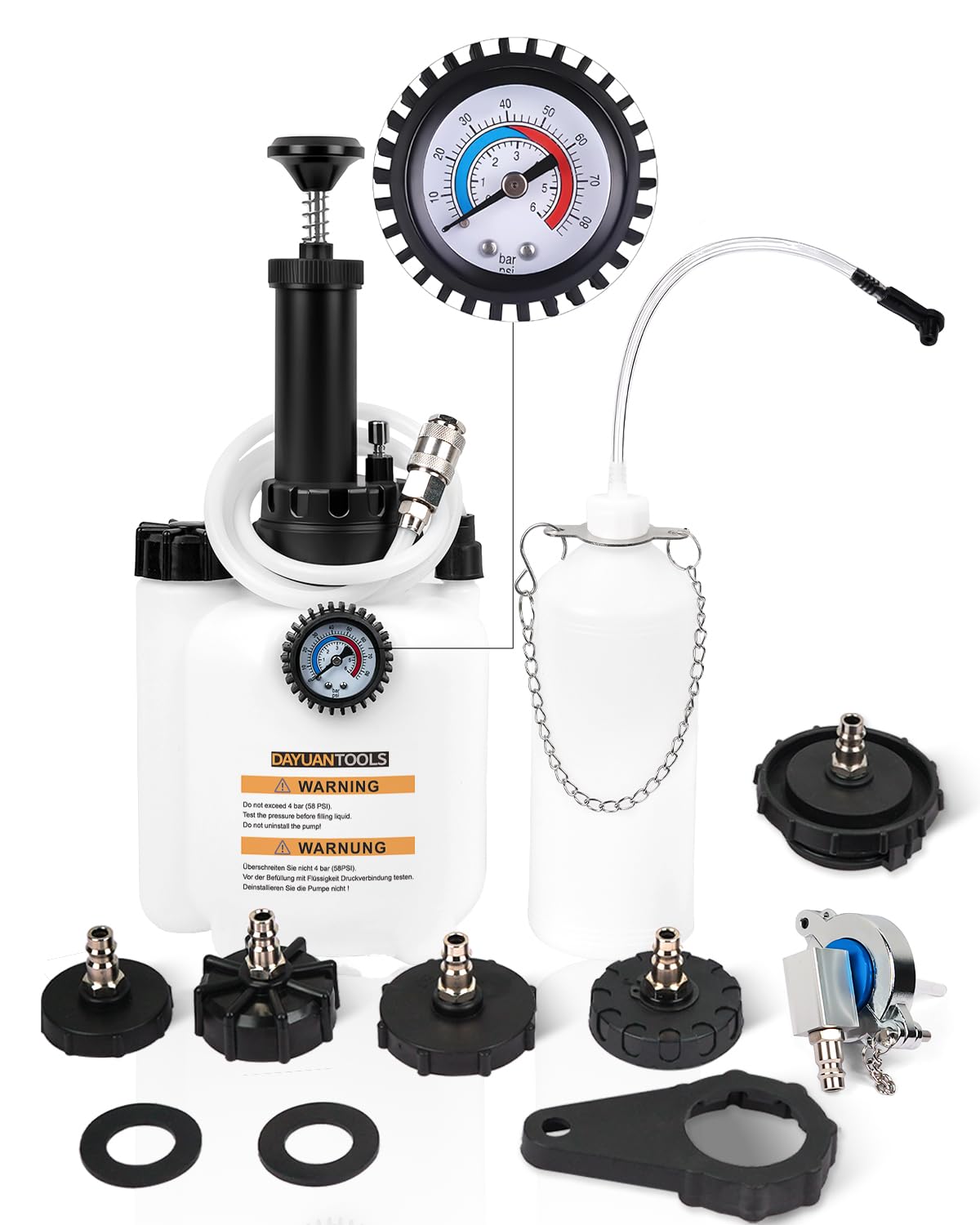 DAYUAN Kit de purga de frenos de 3 litros, operación para una sola persona con bomba de presión de 3 litros, botella de purga de frenos de 1 litro y 6 adaptadores mejorados, herramienta manual de