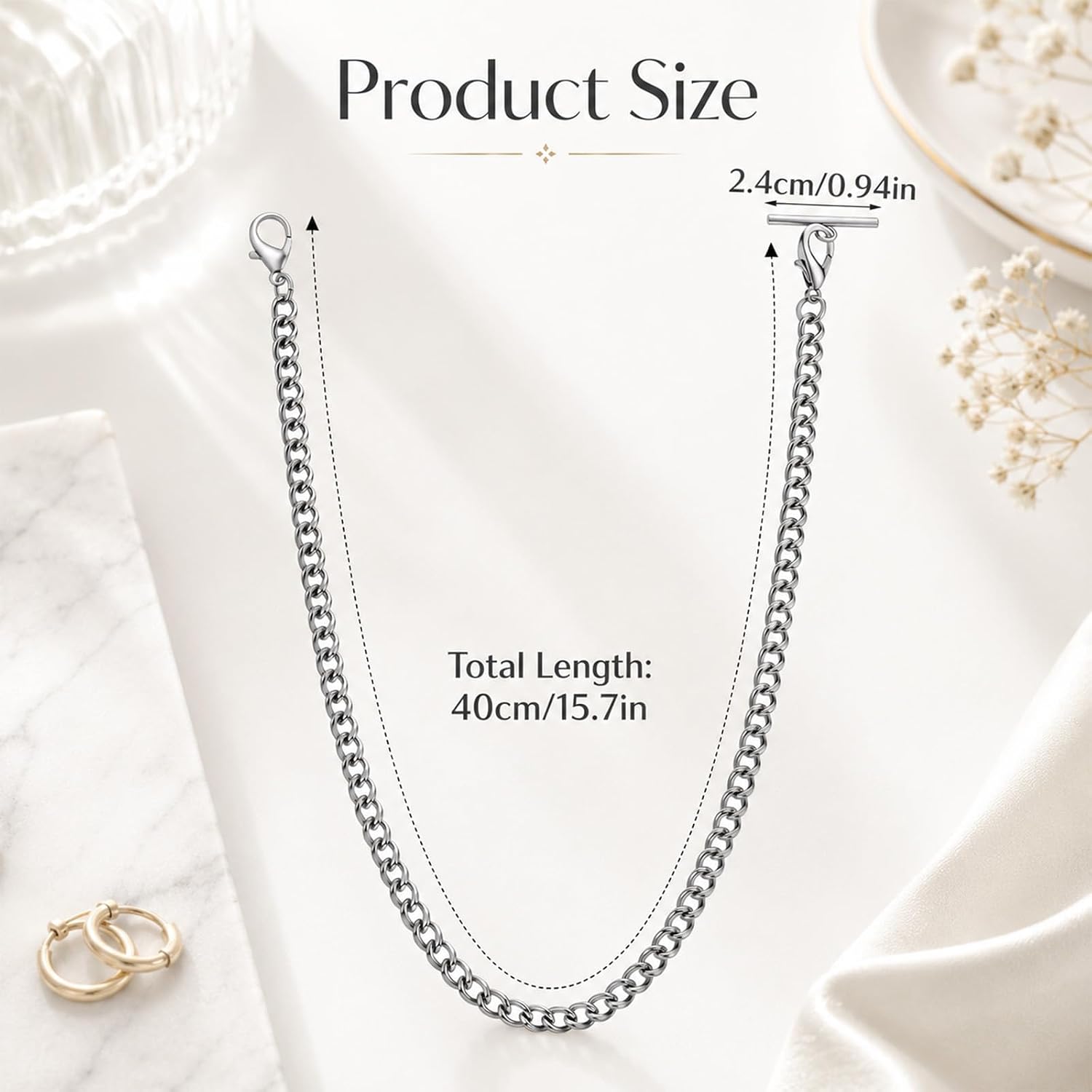 Silver Pocket Watch Chain for Men 15.75 Inch Vest Chains for Men Suit Classic Watch-Chain Pocket Watches Chains Stainless Steel Silver Pocket-Watch Chain for Man Women