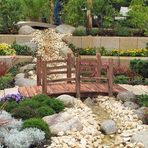 BsxiouY A,Puente De Jardín, Puente De Estanque Decorativo De Madera con Acabado Teñido, Puente De Observación, Pasarela De Patio Al Aire Libre, Puente De Arco con Barandillas De Seguridad