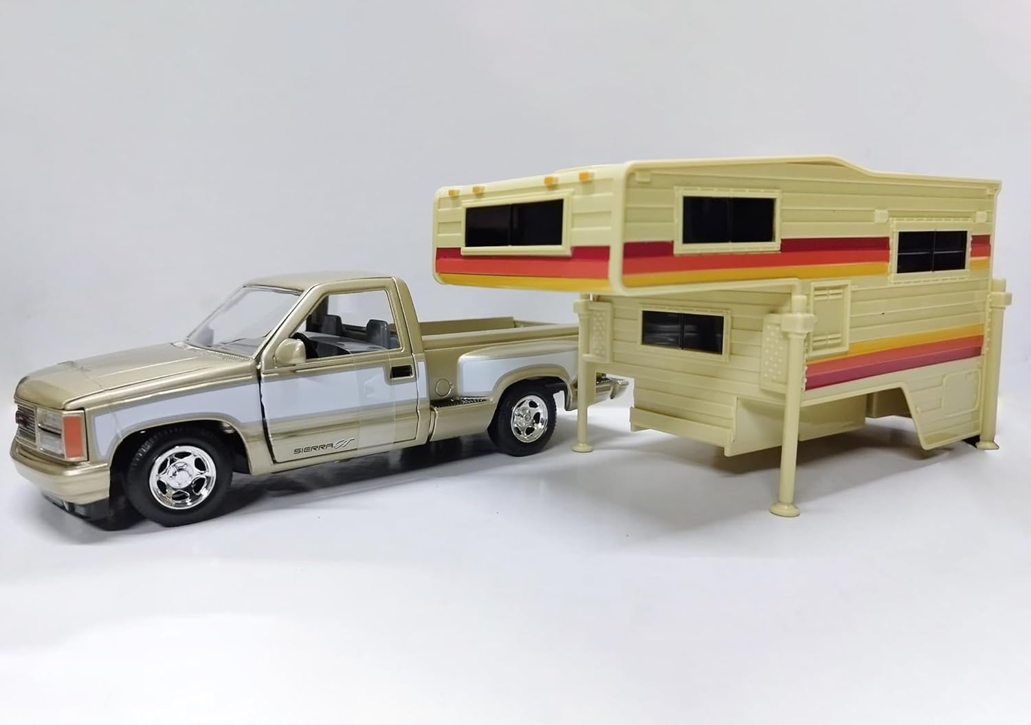 1992 Sierra GT Pickup Truck Gold Metallic with White Sides with Camper Shell American Classics Series 1/24 Diecast Model Car by Motormax 75330-73204GLD
