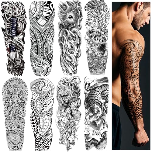 Christmas 8 Sheets Full Arm Black Scary Temporary Tattoos for Men Adults, Temp Millitary Tattoos Sleeve For Women, Waterproof Totem Body Arm Chest Shoulder Wolf Flower Fake Tattoo Stickers Animal