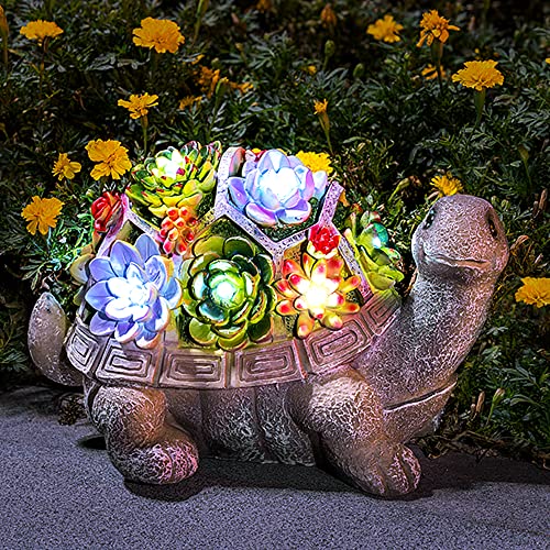 GIGALUMI Solar Garden Statues Turtle Figurine Garden Decor Birthday Gifts for Mom with 7 LEDs Succulent Lights Outdoor Statue for Yard, Lawn,Patio Decor Housewarming Gifts