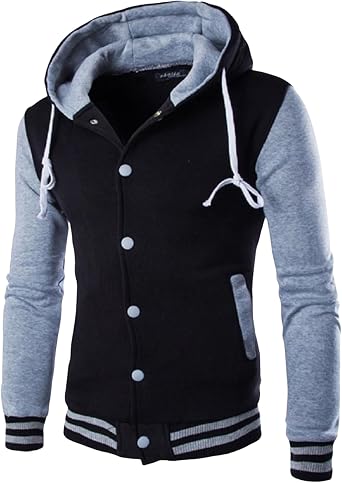 Mens Fashion Varsity Jacket Hoodie Causal Slim Fit Cotton Letterman Baseball Bomber Jackets with Hood for Men