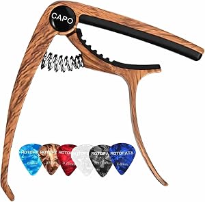 Quick-Change Guitar Capo with 6 Picks for Acoustic & Electric Guitars | Compact 6-String Rosewood Color Capo Set, Cushioned Silicone Contact, Even String Pressure, Capos for Practice Lessons Gigs