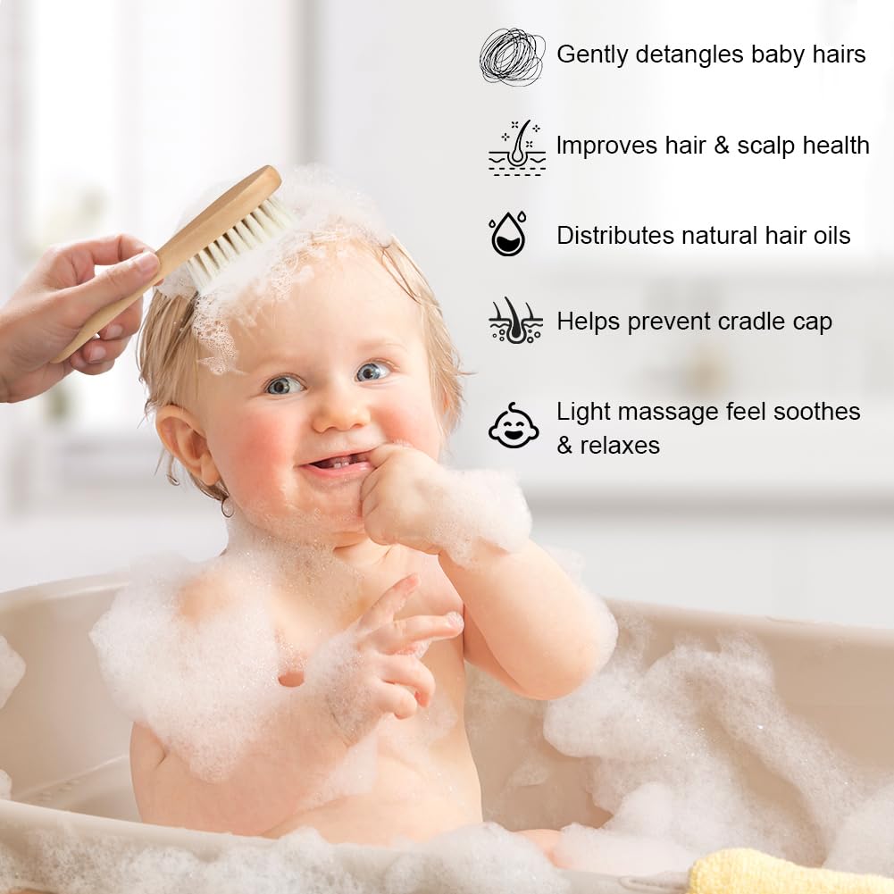 Aolso Brosse Cheveux Bebe Brosse, 3pcs Cheveux Poils de Chèvre doux Premium Brosse à bébé en Bois, Garçons et filles, Brosse cheveux bebe pour enfant et nouveau-né, Baby Shower Cadeau
