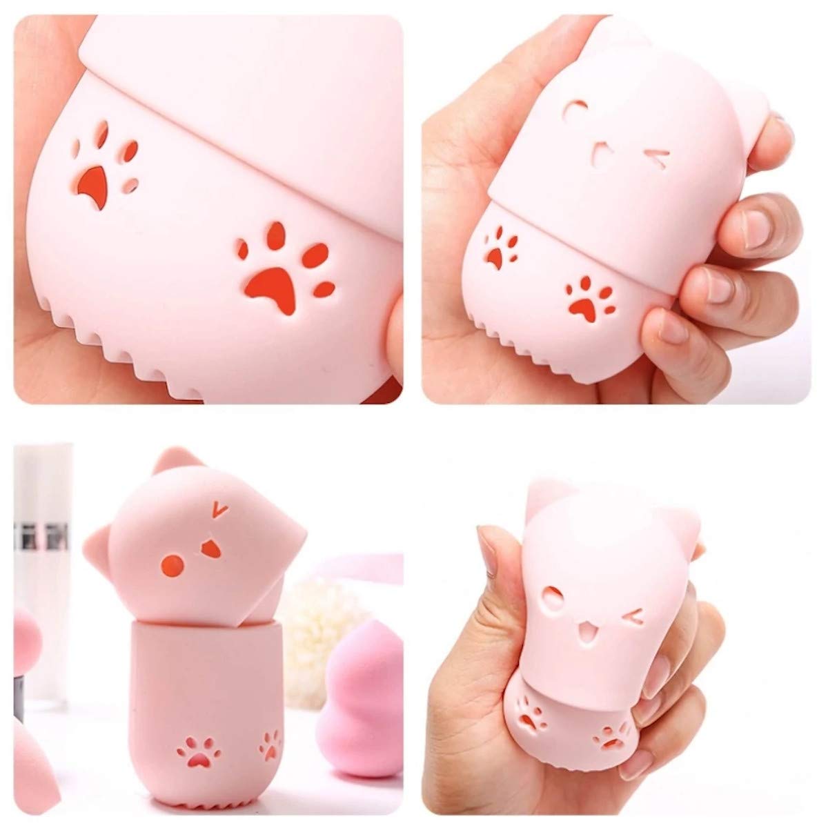 [Allure & Co.] Soft Makeup Sponge and Cute Cat Shaped Container Set - Travel Case for Beauty Blender (Light Blue)