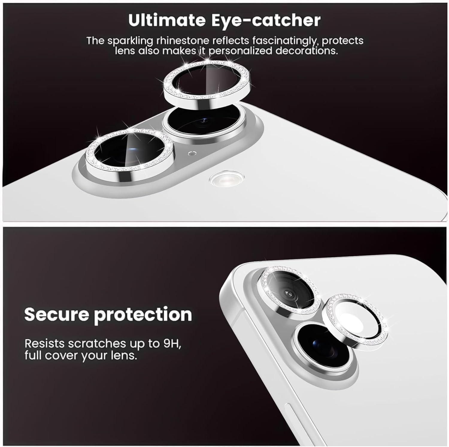 Coiwxmoi Protezione Fotocamera per iPhone 16/16 Plus,Pellicola Vetro Glitter Copri Telecamera Camera Proteggi Obiettivo HD Trasparente Lente Durezza 9H Anti-graffio Bling Diamond,Argento
