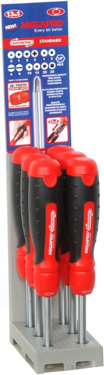 Megapro 211R2C36RD-PDM Display 13-in-1 Ratcheting Driver, Red, 6-Piece