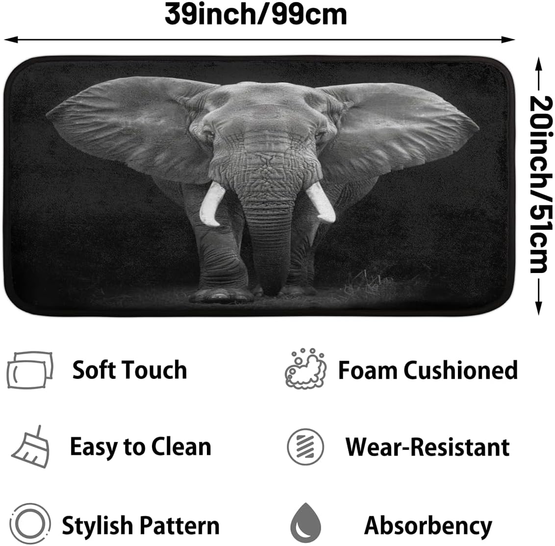 African Elephant Kitchen Floor Mat Wild Animal Runner Rugs Doormat Indoor Outdoor Entryway Non Slip Comfort Door Mats Carpet for Bathroom Dinning Room Decorative 39 x 20 Inch