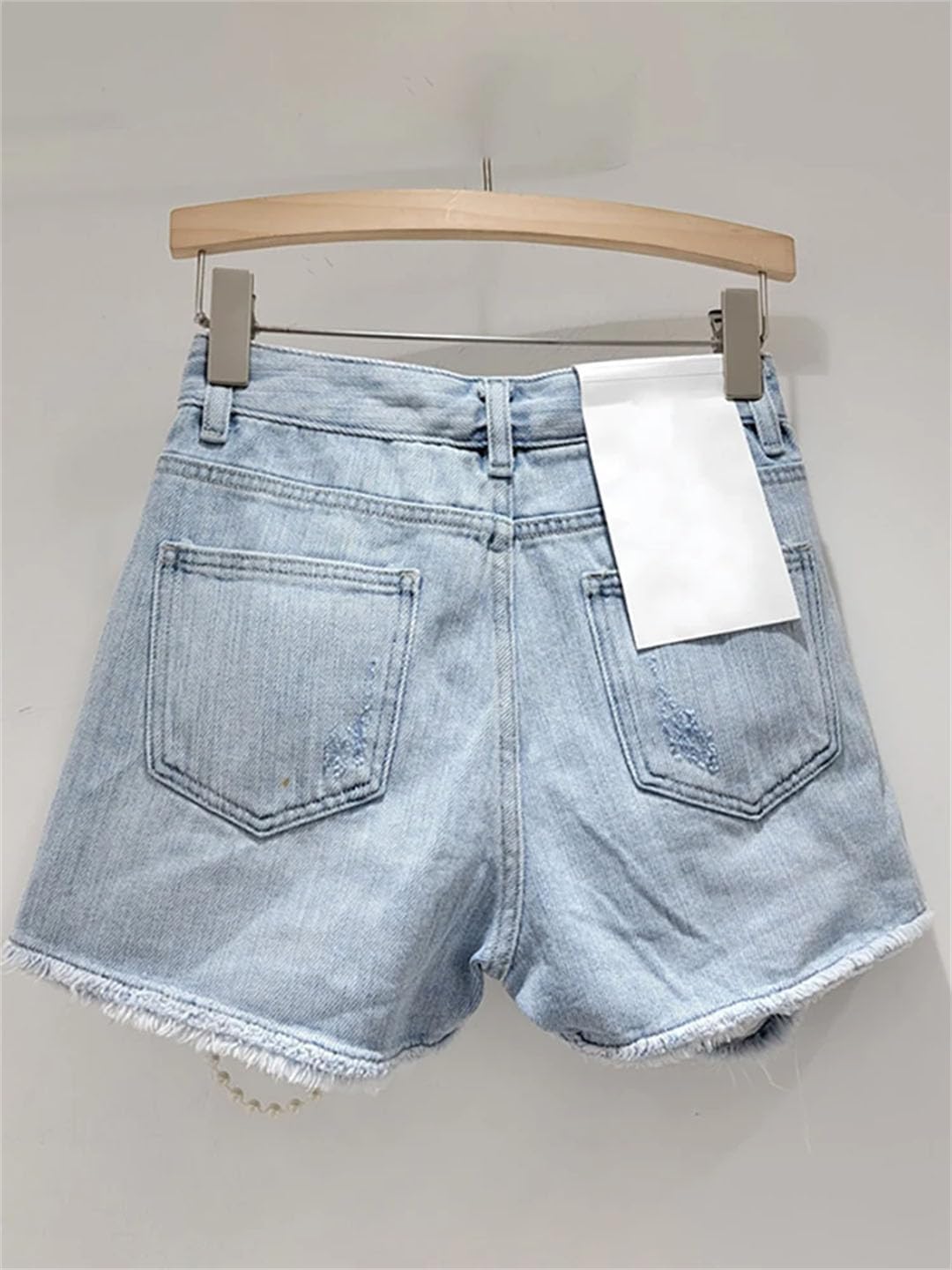 Women's Denim Shorts High Waist Broken Holes Pearls Beading Diamonds Short Pants