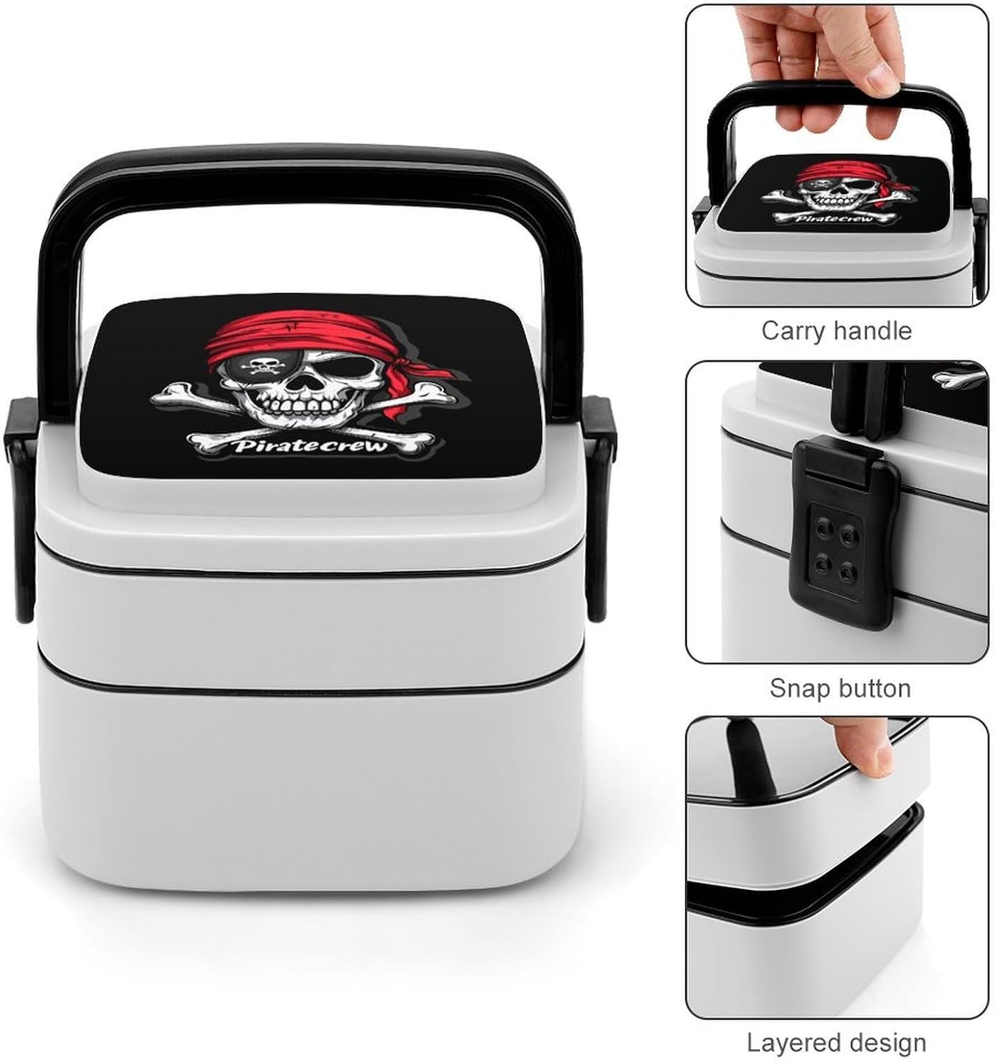 Piratecrew Jolly Roger Flag Skul Bento Box with Spoon 2 Layer Food Container Cute Lunch Box for Travel Dining Work
