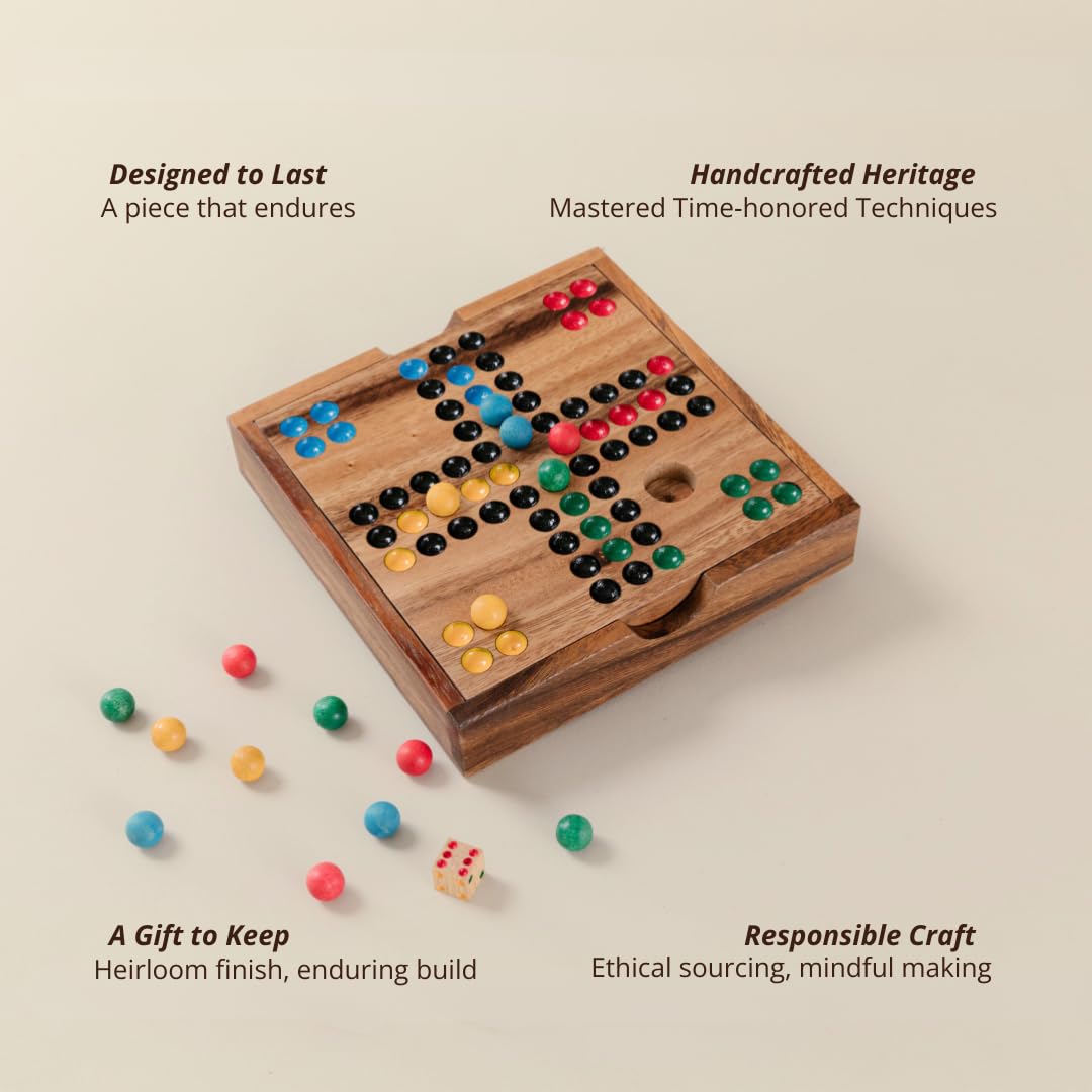 SiamMandalay Ludo - Gioco da tavolo in legno di alta qualità, realizzato a mano, formato da viaggio, 16 cm, design compatto con dadi e 16 pezzi da gioco colorati, classico gioco di strategia per