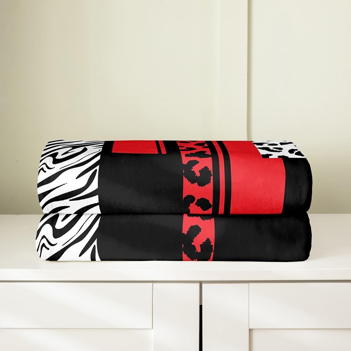 Feelyou Leopard Zebra Plush Throw Blanket, Queen 90"x90" Kids Cheetah Red White Black Flannel Fleece Blanket for Teens Animal Print All Season,Bed Blanket Breathable Safari Geometric Room Decor