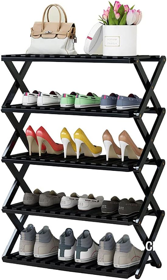 Shoe Rack Black Foldable Bamboo Shoe Stand for Entryway,Installation Free Shoe Shelf Space Saving Shoe Organizers and Storage-Black 70x25x113cm(28x10x44inch)