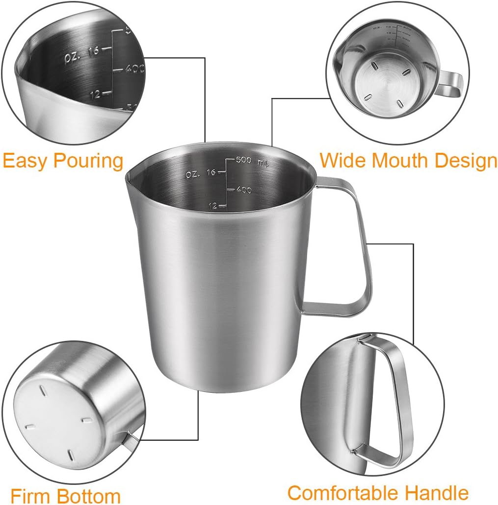 uxcell Measuring Cup 500ml 16OZ, 2 Measuring Scales, Including ML Scale, Ounce Scale, 304 Stainless Steel Graduated Beaker with Handle for Lab Kitchen liquids