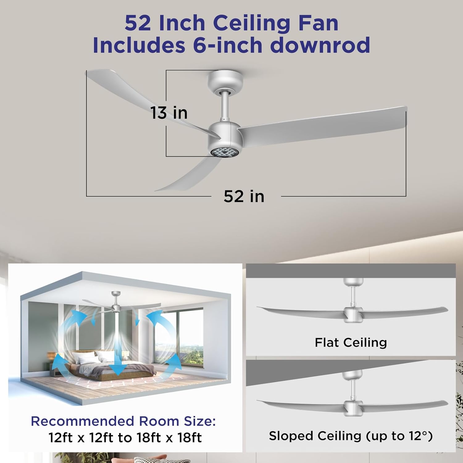 ocioc Ceiling Fans with Lights,52 Inch Low Profile Ceiling Fan with Remote,Quiet Reversible DC Motor,Dimmable LED,6 Speeds,Modern Ceiling Fan for Bedroom,Living Room(Silver)