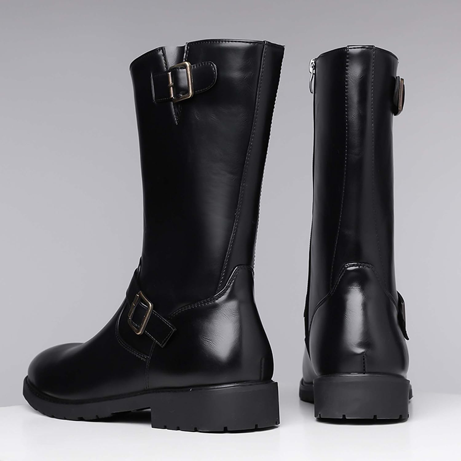 Plus Size Motorcycle Boots Men's Fashion Urban Cool Combat Riding Boots Black Leather Waterproof Buckle Design Minimalist Wear Resistant Anti-slip6-13
