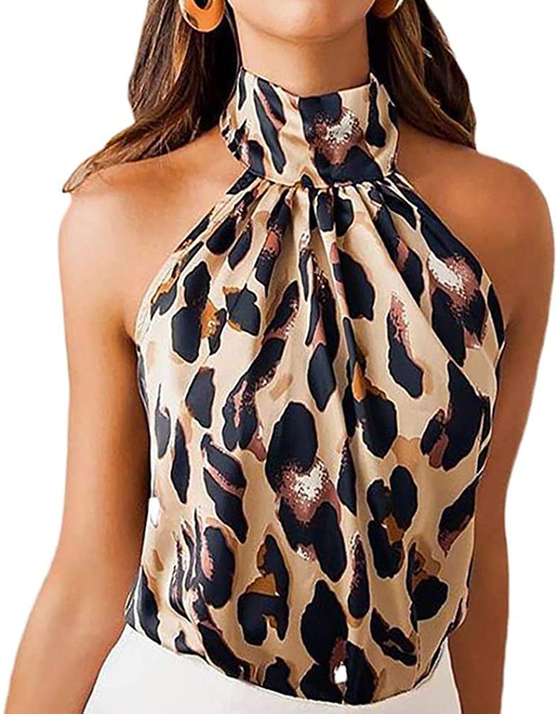 Loalirando Crop Top sin Mangas para Mujer Tops Camisa Sexy de Cuello Halter Blusa con Estampado de Leopardo Camiseta Corta Transpirable Verano con Botones en Posterior