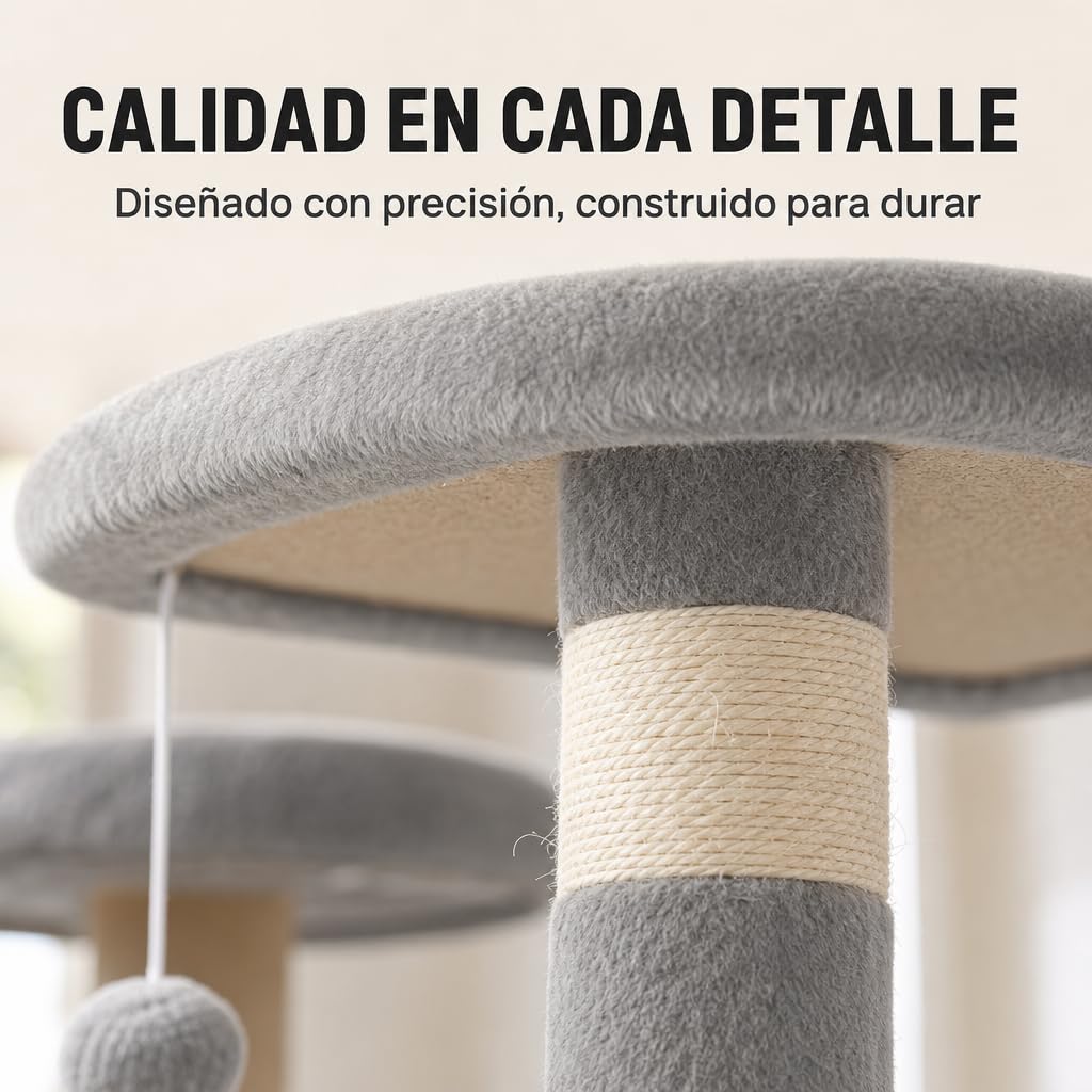 Árbol Rascador Gatos – Torre 4 Niveles con Caseta, Hamaca Cuna, Escalera, Postes Sisal, Juguetes Colgantes, Base 50×35cm, para Gatos Adultos (Gris, 140 cm)