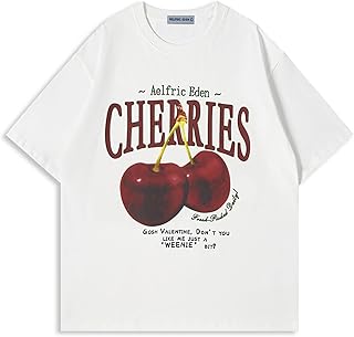 Oversized Graphic Tees Unisex Cherries Print T Shirts Casual Summer Shor...