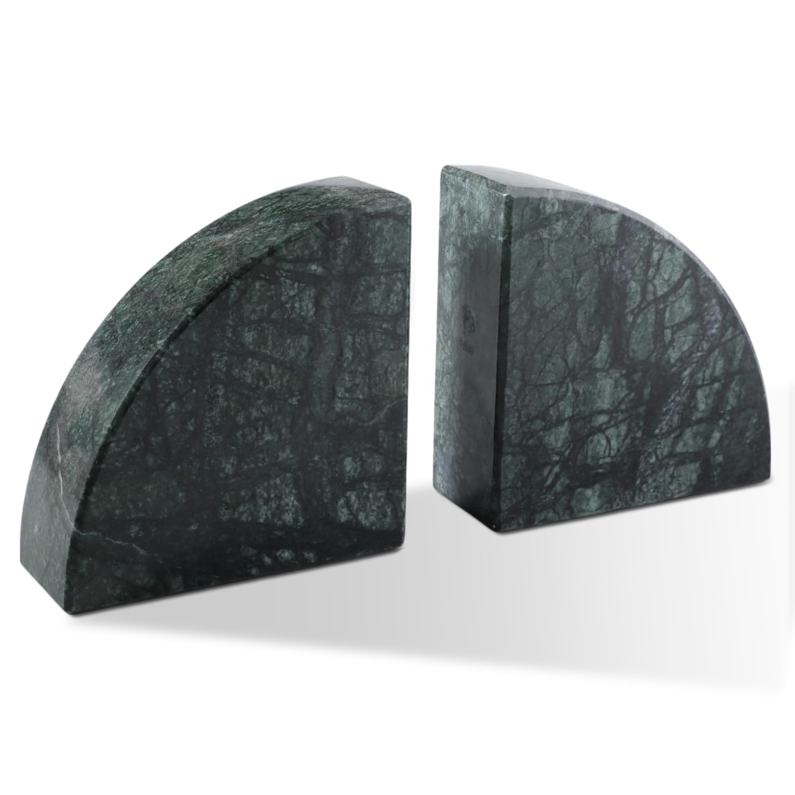 Karibiber Marble Bookend for Shelves, Non-Skid Bookends for Heavy Books, Heavy Duty Book Stopper for CDs, Luxury Book Shelf Holder, Quarter Circle Design Book Ends Decorative, Indian Green, Set of 2