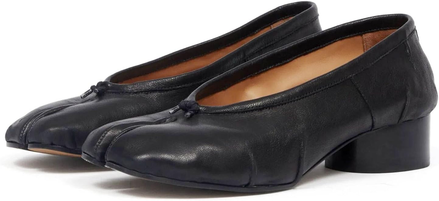 KOKOMOMO Black Split Toe Ballet Heels for Women Japanese Tabi Shoes Cylindrical Low Heels Pumps Chunky Block Heel Office Wedding Party Dress Shoes 1.2 INCH