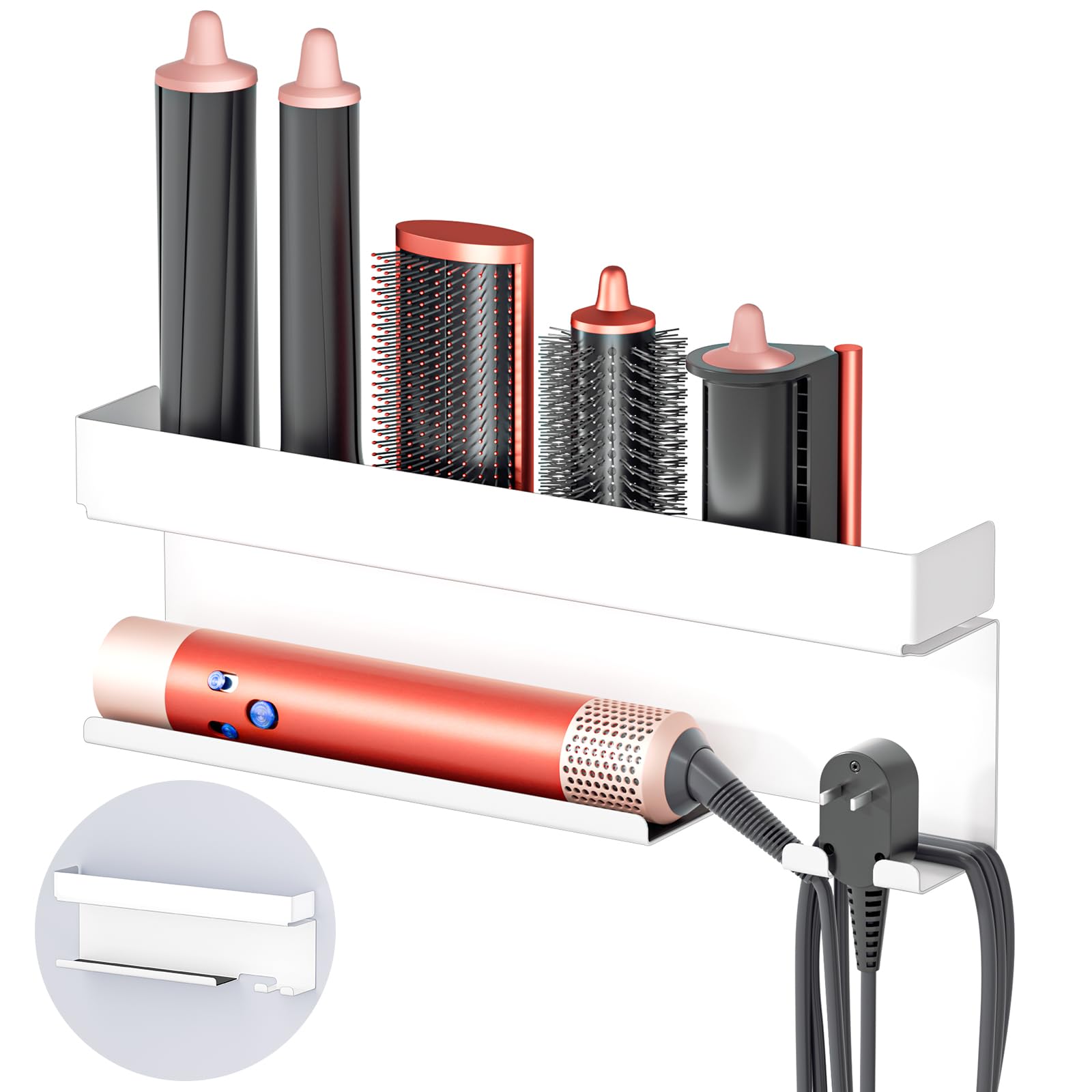 YYBO Support Seche Cheveux Mural sans percage, Porte Seche Cheveux et Lisseur, Support Mural pour sèche-Cheveux, Rangement Styler Curling Accessoires, Support Fer a Lisser (Blanc)