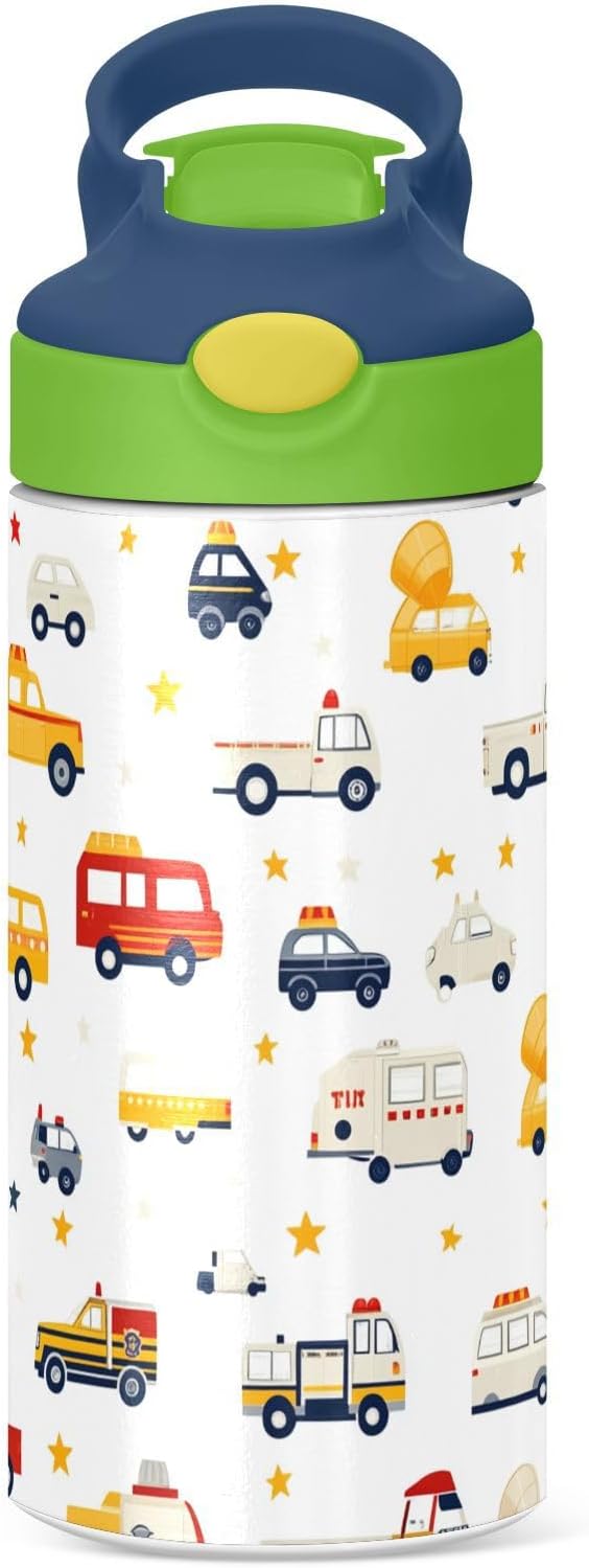 Pigsaly Kids Insulated Water Bottle Fire Truck Police Car 12oz Stainless Steel Vacuum Insulated Tumbler With Handle Double Wall Vacuum Travel Coffee Mug Toddler Cup For Boys Girls Gifts