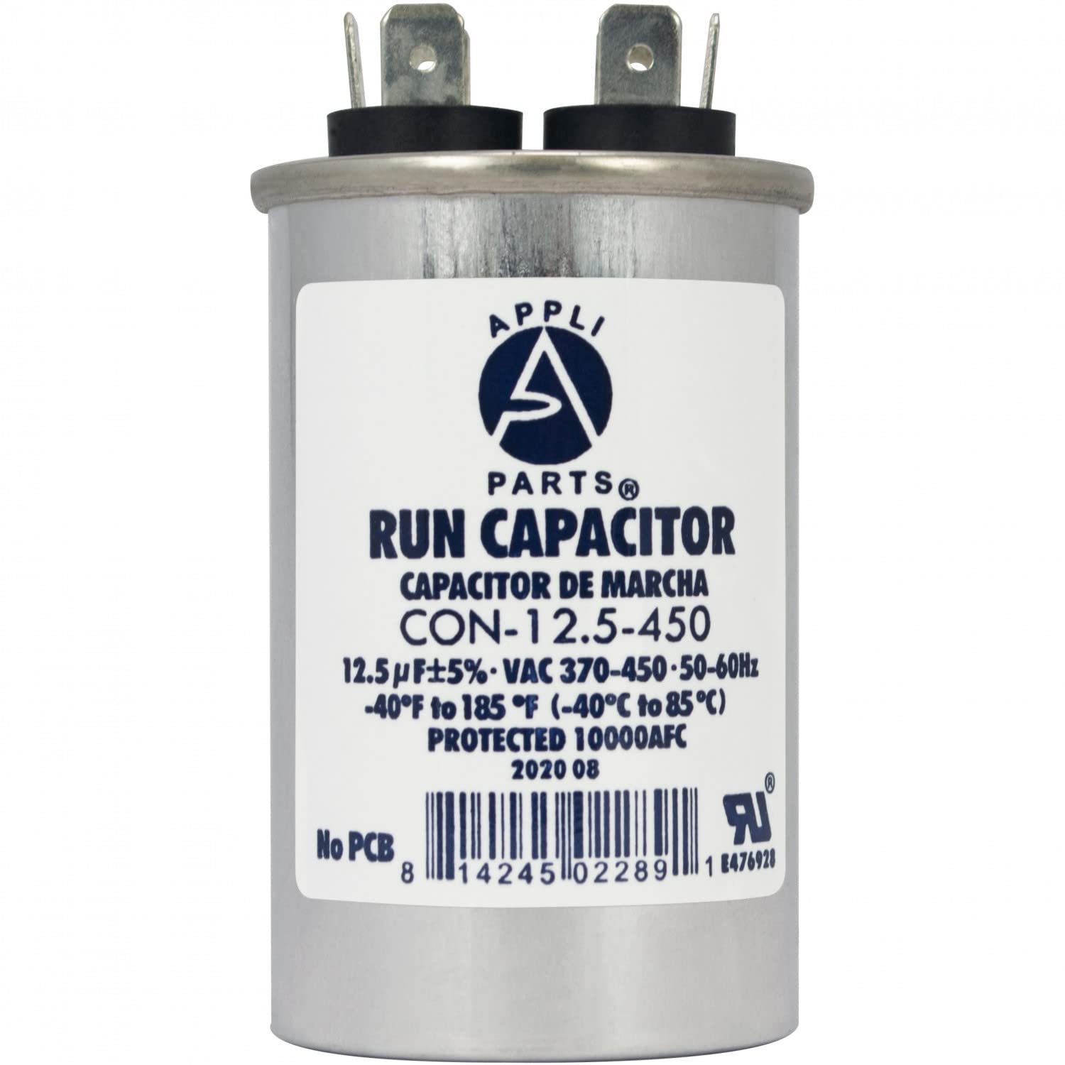 AP APPLI PARTS Run Capacitor for ac 12.5 Mfd uF (microfarads) 370 VAC or 450 VAC CBB65 Round Universal fit for hvac and other applications 3 in High 1-1/2 in Wide CON-12.5-450