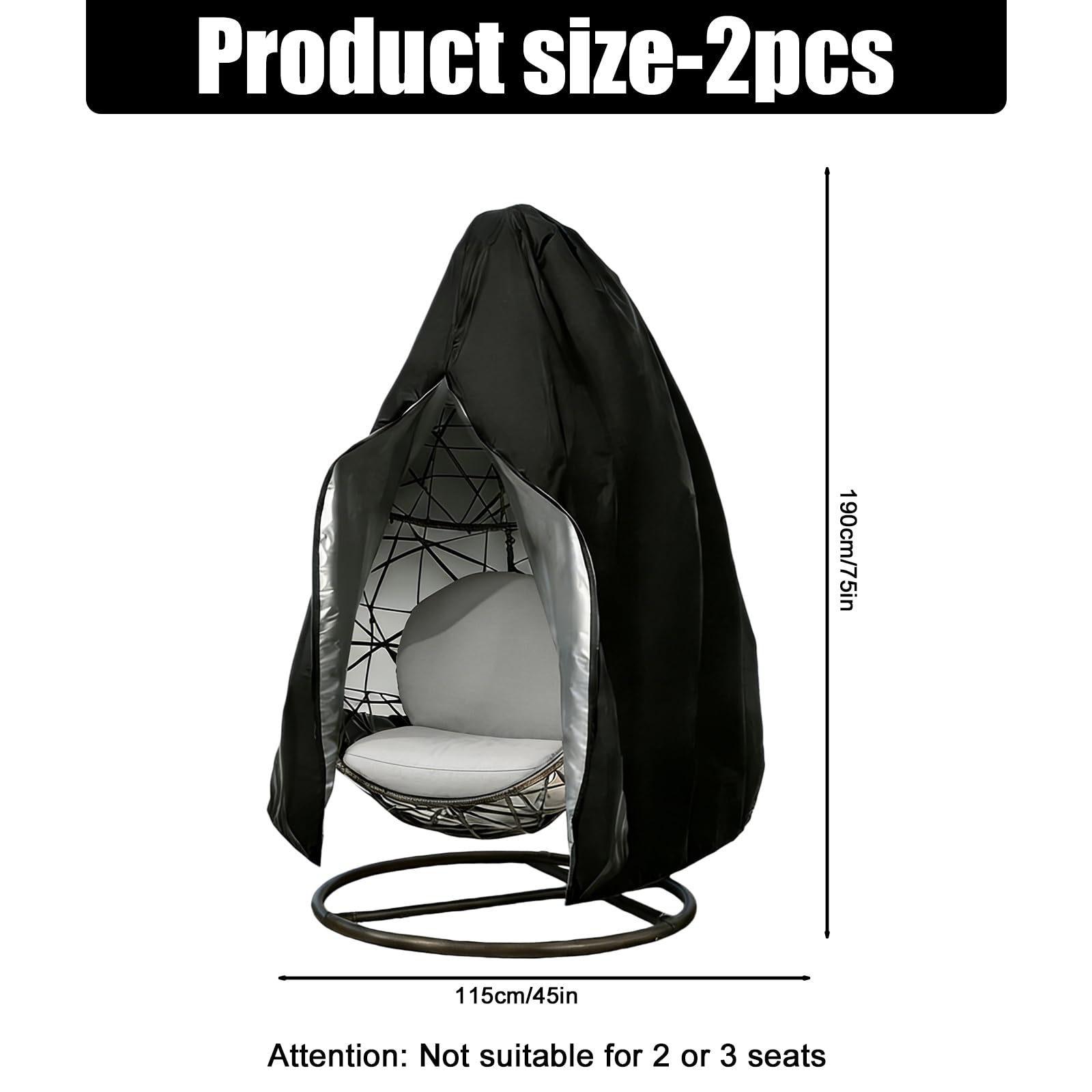 Lot de 2 housses pour fauteuil suspendu : noir/argent housse de protection imperméable, fermeture éclair tissu Oxford 210D, 115 x 190 cm, housse pour fauteuil suspendu extérieur pour jardin et