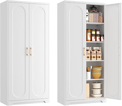 Polup Kitchen Pantry Cabinet, 71 H Pantry Storage Cabinet with Doors and Shelves, Metal Food Pantry Cabinets with Handles, Freestanding Cupboard for Living, Dining Room, White, Assemble Required