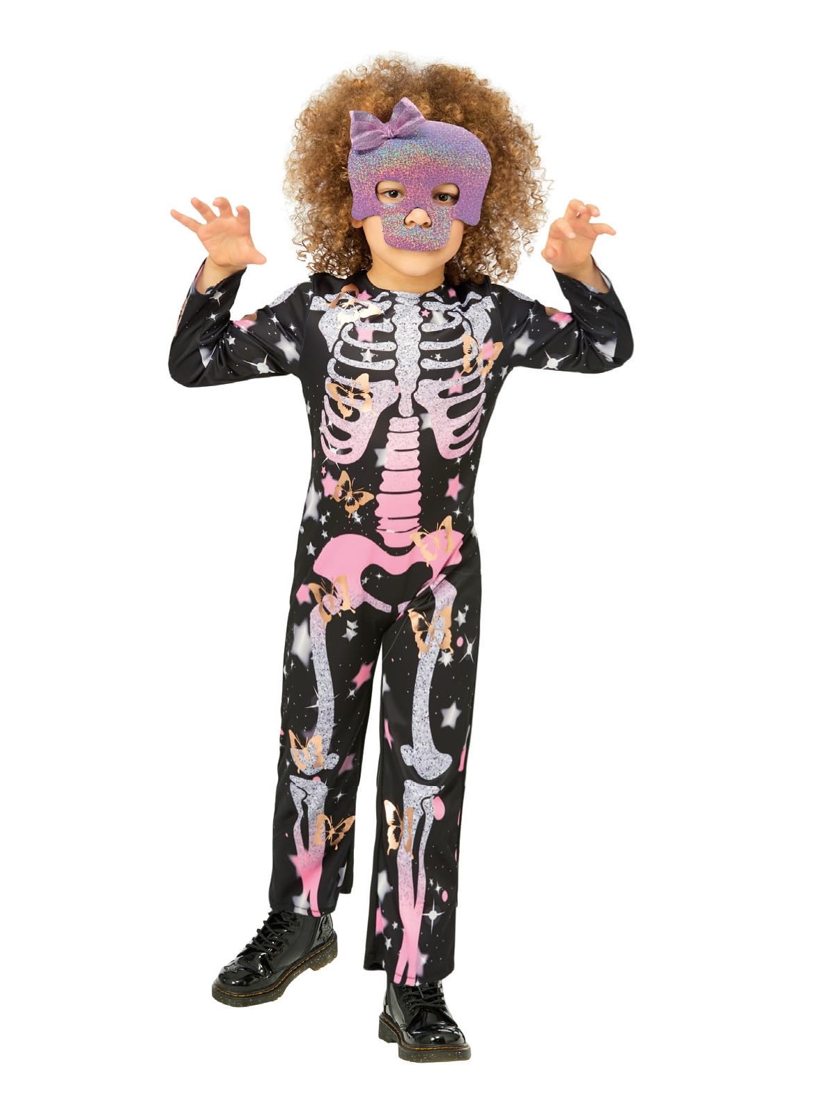 Smiffys Skeleton Rose Gold Sparkle Costume Onesie & Glitter Felt Mask,  Halloween Child Fancy Dress, Skeleton Dress Up Costumes - BigaMart