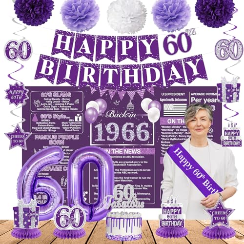 Image of Crenics Purple 60th Birthday Decorations for Women - Back in 1966 Backdrop, Banner, Swirls, Centerpieces, Sash, Paper Pom Poms, Cake Topper and Balloons for 60 Birthday Party Supplies