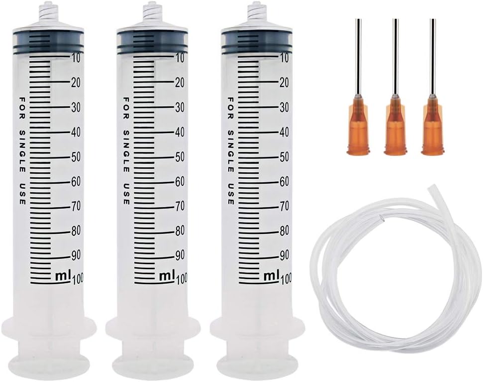 Shintop 100ml Syringe with 15G 1 Inch Blunt Tip Needles and Long Plastic Tubing for Liquid, Oil or Glue Applicator, Experiments, Industrial Use (Pack of 3)