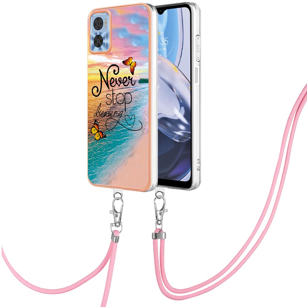 SNCLET Custodia per Motorola Moto E22 Case con Collana con Regolabile Laccio Tracolla TPU Edges Antiurto Anti Scratch Custodia Protettiva Back Case per Motorola Moto E22/Moto E22i,Marmo Rosa Blu