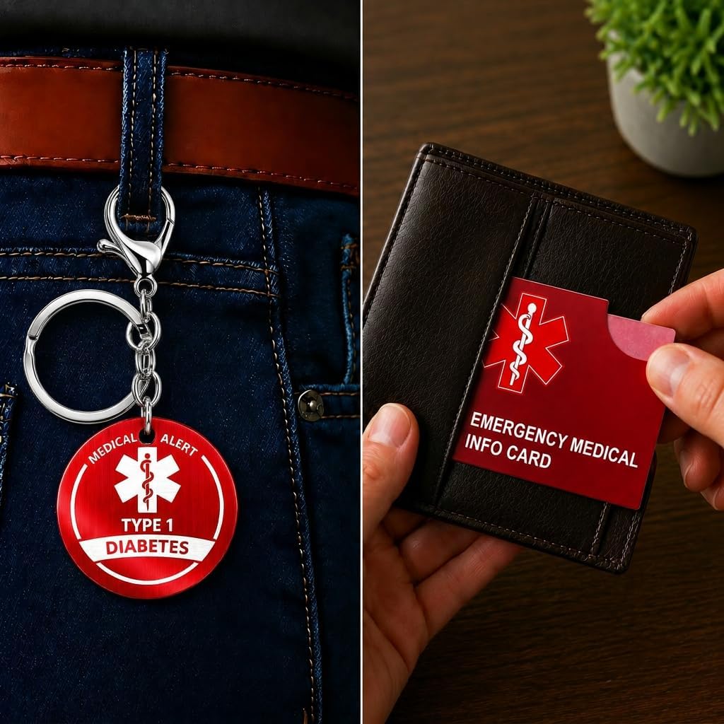 Type 1 Diabetes Medical Alert Keychain Set with Emergency Information Cards 2PK Keychains 4 ID Cards 4 Card Holders
