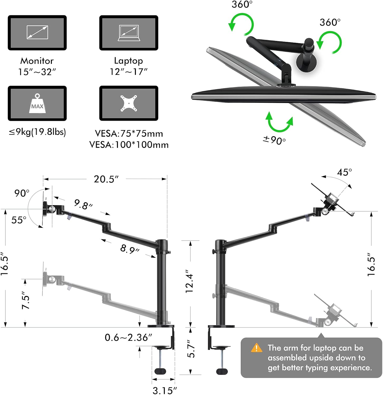 🛒 Flash Sale viozon Monitor and Laptop or Tablet Mount, 3-in-1 Adjustable Dual Arm Desk Stands Monitor Arm for 17-32'' Computer Screens, Tablet Arm for Extra 4.5-13'' Tablet&Phone Tray Fits 12-17'' Laptop (OL-3T)