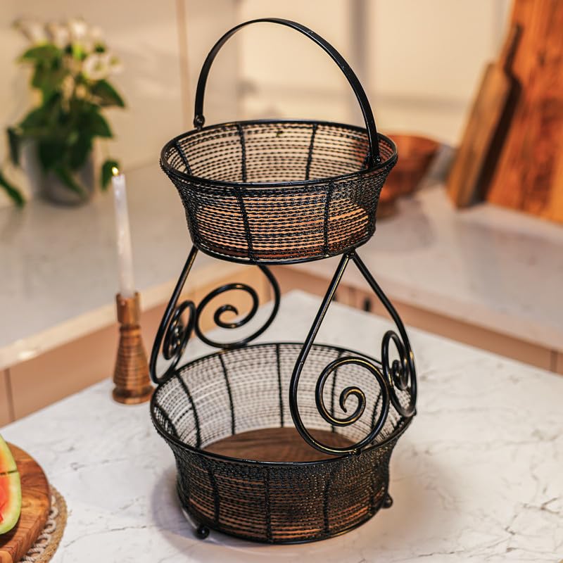 Image of Swirl Multipurpose 2-Tier Storage Basket | Acacia Wood & Iron Handles | Wooden Storage Organizer Basket | Kitchen, Living Room, Bathroom & Home Decor | Natural Finish